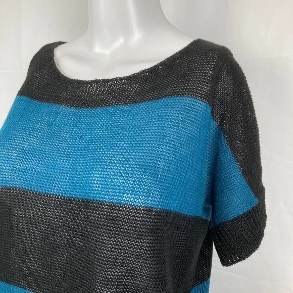Theory Sweater Womens Sz S Blue Black Striped Linen Short Sleeved Lightweight - Picture 2 of 8